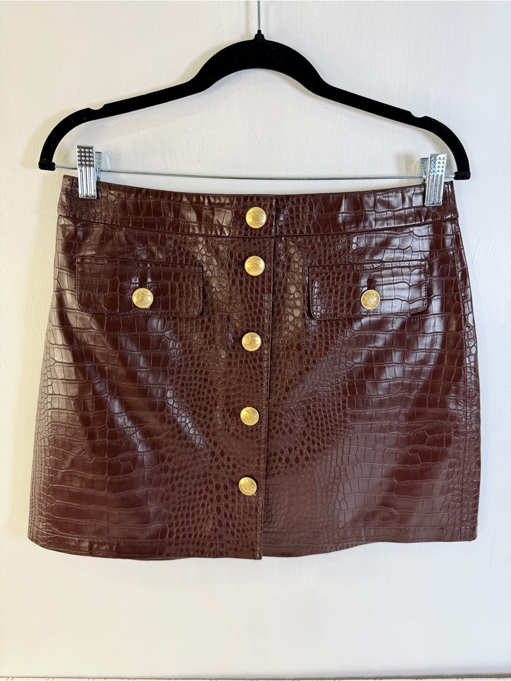 J. Crew Croc-Embellished Faux Leather Mini Skirt Midnight Brown Sz 4 NWT